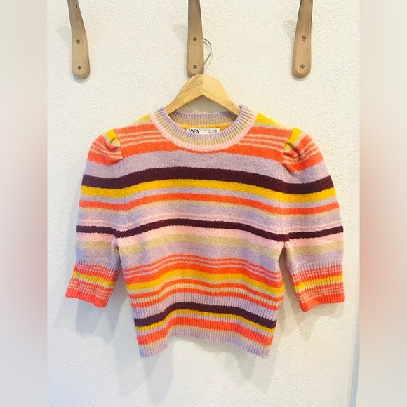 Zara Multicolor Striped Sweater with Puff Sleeves Size Small - Picture 2 of 4